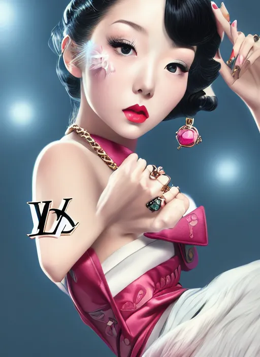 Image similar to a pin up and beautiful fashion dreamlke japan girl with lv jewelry, character art, art by artgerm, wlop, loish, hyperdetailed, 8 k realistic, symmetrical, global illumination, radiant light, frostbite 3 engine, cryengine, dof, trending on artstation, digital art, chanel, dior, detailed background