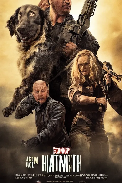 Image similar to poster for a big budget hollywood action movie about a man who avenges the death of his dog, cinematic, illustration, highly detailed