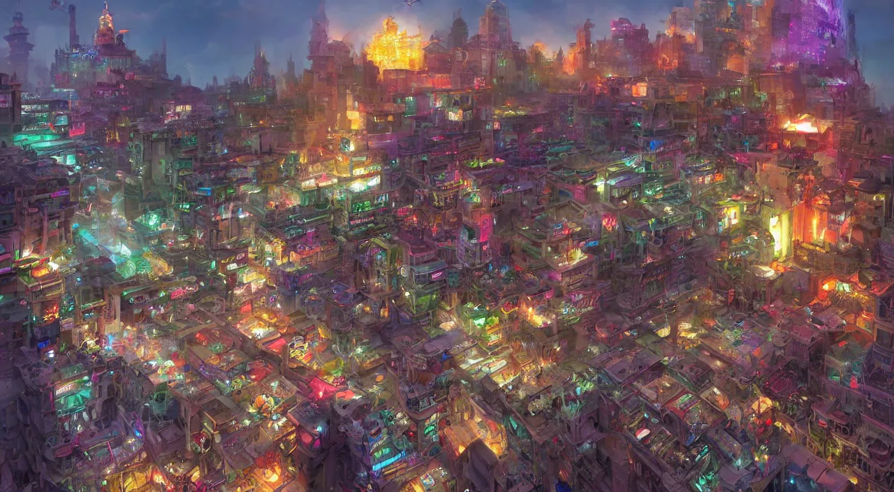 Image similar to bazaar zouk place aladin block greeble multicolorful sky shine mattepainting, street art, trending on artstation, by huang guangjian and gil elvgren and sachin teng