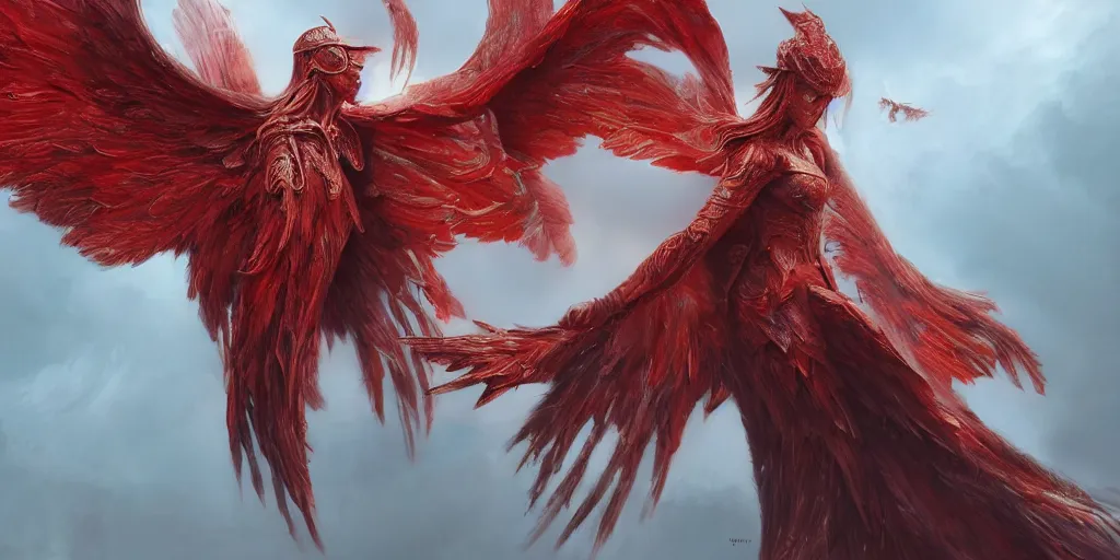 Image similar to ultra realistic, beautiful winged angel kissing gorgeous red devil, sci-fi, fantasy, mythical, intricate, elegant, highly detailed, digital painting, octane render, substance painter, zbrush, artstation, concept art, smooth, sharp focus, eerie, illustration, 8k, HD, art by artgerm and greg rutkowski and raphael