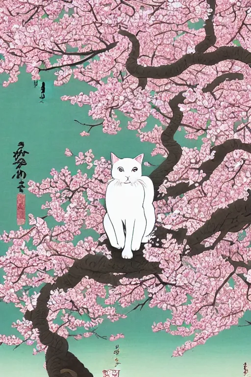 Prompt: white cat in sakura tree in the style of Utagawa Hiroshige, high resolution 4k