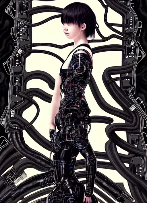 Image similar to kanna hashimoto as a absurdly beautiful cyborg, wearing a black dress, graceful, sophisticated, complex wiring and circuits, tarot card, highly detailed, digital painting, intricate linework, porcelain skin, octane rendered, sharp focus, ultra realistic, 8 k, art by artgerm, kim jung gi