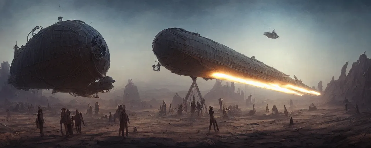 Image similar to Dark blue glowing desert with old steampunk airship as the subject, big and laying in the middle, barely functioning, it has attracted a crowd, very detailed concept art, matte painting, digital art, concept art, realistic beautiful, trending on Artstation, Greg Rutkowski