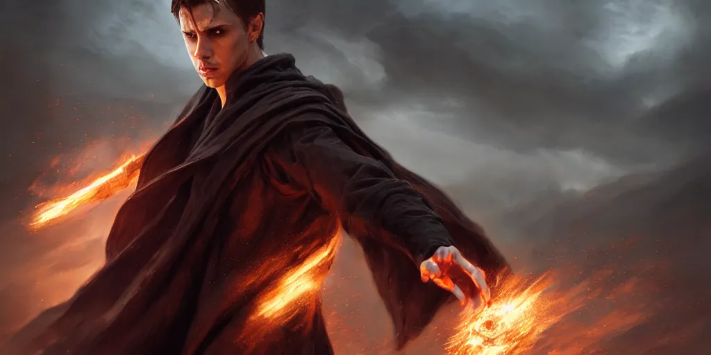 Prompt: a dramatic scene of a handsome caucasian male sorcerer with brown hair casting a spell that is emanating from his hands, action pose, medium shot, depth of field, sharp focus, waist up, epic composition, post processing, concept art, by greg rutkowski