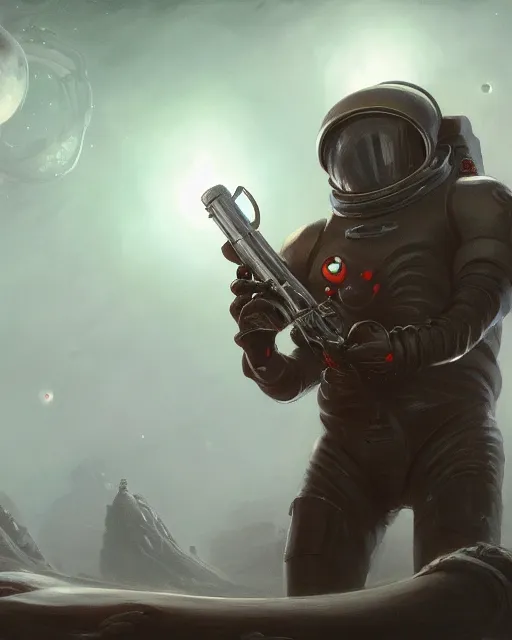 Image similar to oil painting of lovecraftian sci-fi demon, wearing space suit, sharp focus, holding sci-fi rifle, magical aura, heroic pose, fantasy style, octane render, volumetric lighting, 8k high definition, by greg rutkowski, highly detailed, trending on art Station, magic the gathering artwork, Spaceship hallway backround, centered