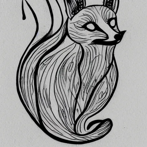 Prompt: a cute fox in the style of the Voynich manuscript outline tattoo design, black ink on white paper