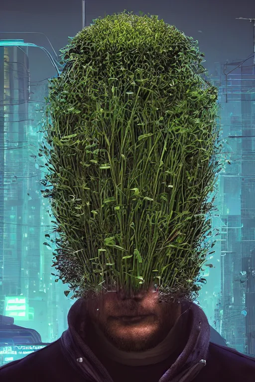 Prompt: a robot with chives and basil growing out of his head, cyberpunk art by Mike Winkelmann and beeple, by Filip Honda, trending on cgsociety, panfuturism, made of chives and basil herbs, glitch art, rendered in cinema4d,