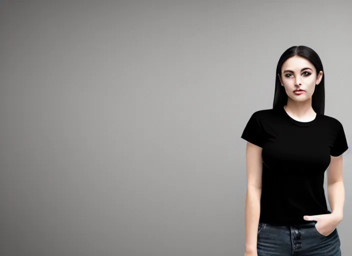 Image similar to clear photorealistic mockup product photograph of a blank black tshirt on an attractive female model in front of a livingroom!! background