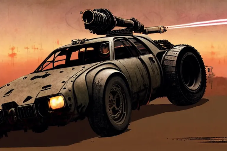 Image similar to dieselpunk mad max alpine a 3 1 0 with guns installed, painted by greg rutkowski makoto shinkai takashi takeuchi studio ghibli, akihiko yoshida