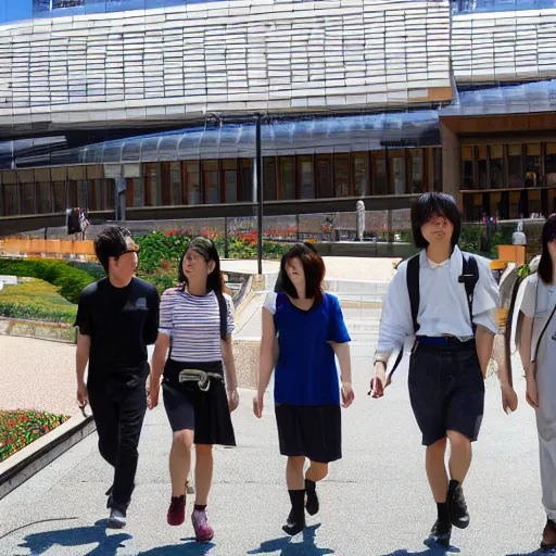 Image similar to Kanda University of International Studies students walking on campus on a sunny day in Makuhari Japan.