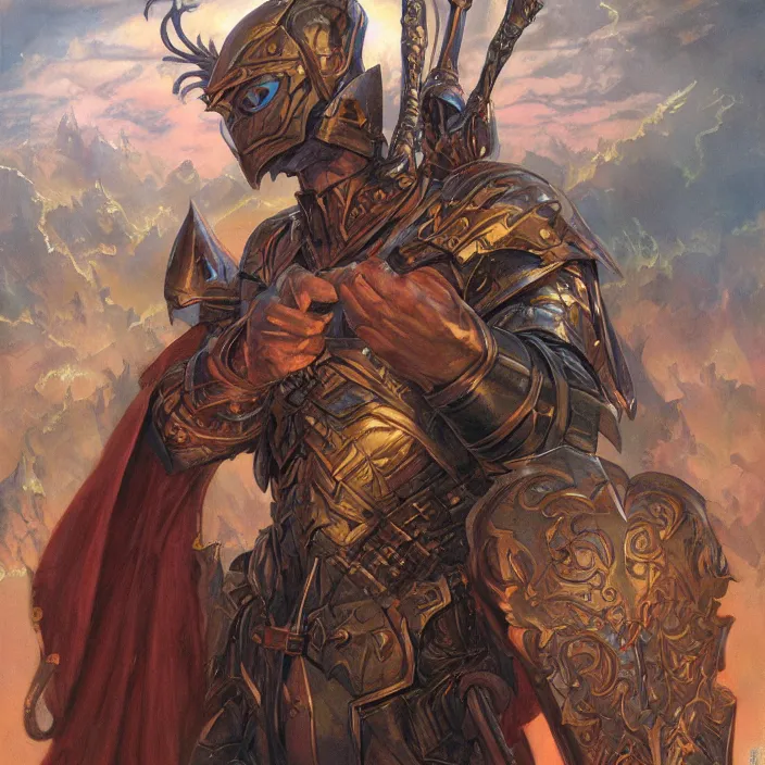Image similar to a fantasy comic book style portrait painting of a male paladin, art by donato giancola and bayard wu and gustav moreau and wayne barlowe