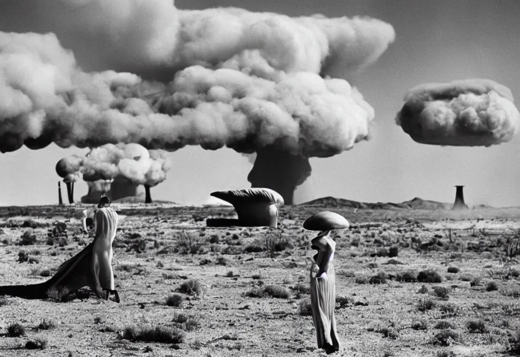 Image similar to fashion editorial in Nevada nuclear test site. gigantic mushroom cloud explision. 1956. highly detailed. depth of field. high definition. 8k. photography.