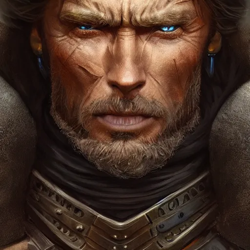 Prompt: rugged male medieval knight, clint eastwood, D&D, painted fantasy character portrait, highly detailed, digital painting, artstation, concept art, sharp focus, illustration, art by artgerm and greg rutkowski and alphonse mucha