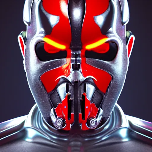 Image similar to chrome darth maul, glossy, metallic, neon, symmetrical, tribal patterns, realistic, unreal engine, octane, redshift, artstation, behance