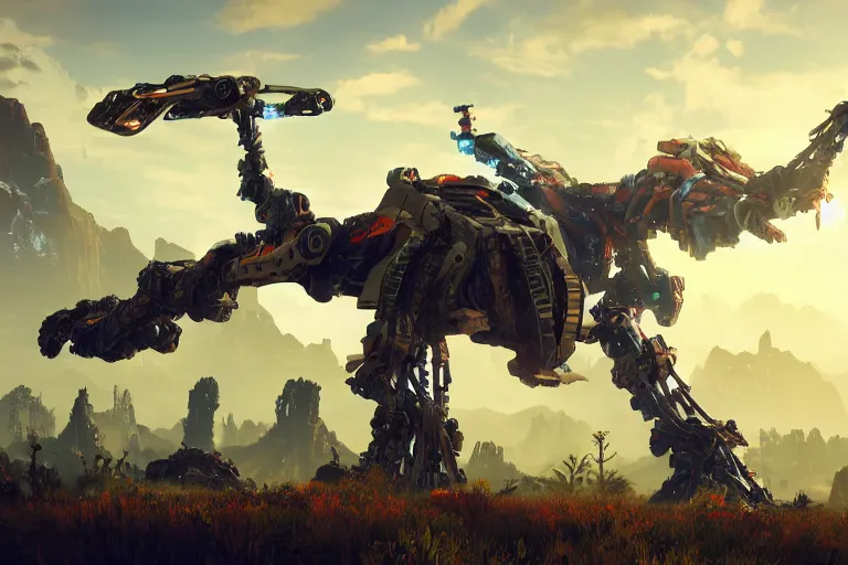 Image similar to longleg machine mecha animal beast robot of horizon forbidden west horizon zero dawn bioluminiscence global illumination ray tracing hdr fanart arstation by sung choi and eric pfeiffer and gabriel garza and casper konefal