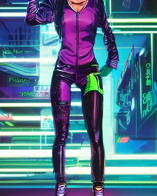 Image similar to a full body illustration of an Asian female cyberpunk character wearing tight neon leather pants and tennis shoes, highly detailed, oil on canvas, soft lighting, neon pastel colors, by Glenn Fabry, HD, 4K