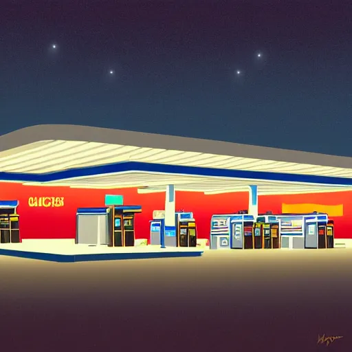 Image similar to a matte painting of a gas station at night by emiliano ponzi, james gilleard, george ault, david hockney, atey ghailan, albert namatjira, marius borgeaud, minimalist, bauhaus, retrofuturism, postminimalism, concept art, matte background, matte drawing, magical realism, space art, generative art