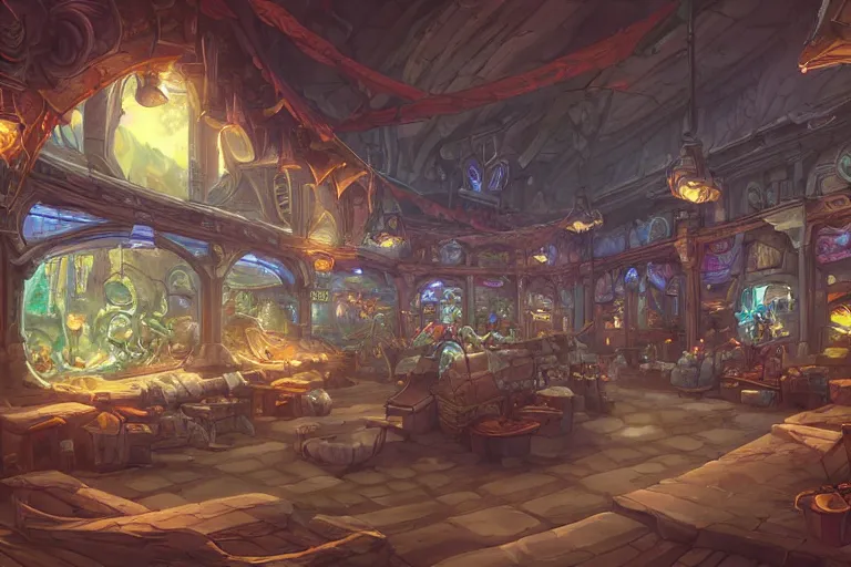 Image similar to interior wide angle shot of a fantasy coastal market place in the style of arcane league of legends, christopher c. lee, moebius, makoto shinkai