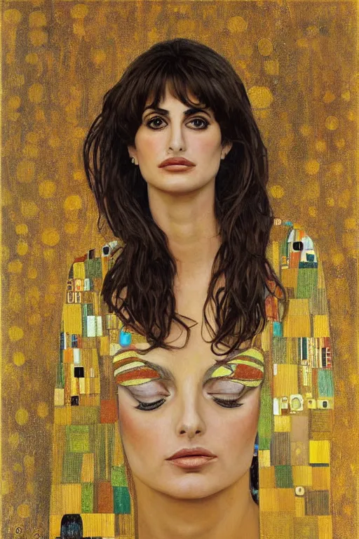 Image similar to oil painting, portrait of penelope cruz, artwork by gustav klimt