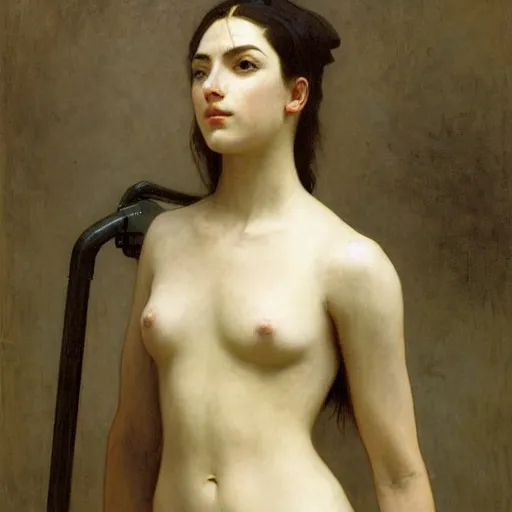 Image similar to painting of a cyberpunk android by william bouguereau, fully clothed in futuristic armor, high resolution