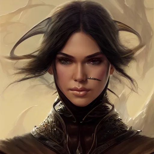 Image similar to kendal jenner, d & d, fantasy, portrait, highly detailed, digital painting, trending on artstation, concept art, sharp focus, illustration, art by artgerm and greg rutkowski and magali villeneuve