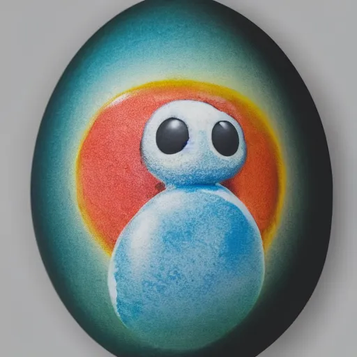 Prompt: portrait of an egg with a water - color monster on it, studio lighting, product photo