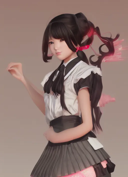 Prompt: gorgeous feminine Japanese schoolgirl, elaborate polished, trending on ArtStation, propaganda style, sublime-classy-dignified ambience, 16k, sharp focus, volumetric lighting