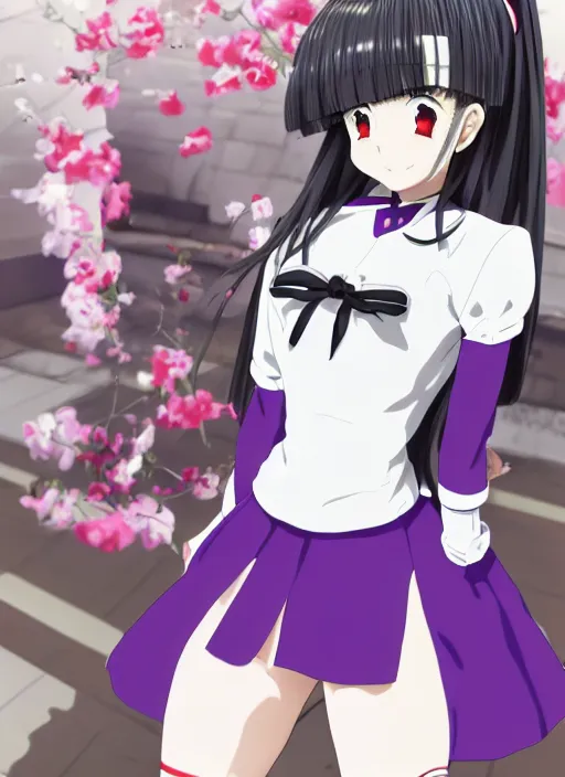 Image similar to anime, genshin impact, a female sitting while her legs are pointing to the sky, she's wearing a very high leather boots with a much longer royal white socks, wearing a red matte long sleeves that are very loose at each end, she's wearing a very short dark matte violet skirt, golden jewelries, pointy bunny ears, 4 white tails with a red him at each end, very detailed beautiful face, smiling seductively, trending on Artstation, art by ZeargeanT