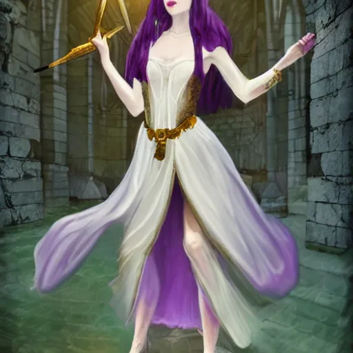 Image similar to Pale Sorceress with long dark hair walking within an abandoned and decayed medieval temple. She wears a purple dress adorned in jewelry flashing gold, trending on artstation, dark fantasy