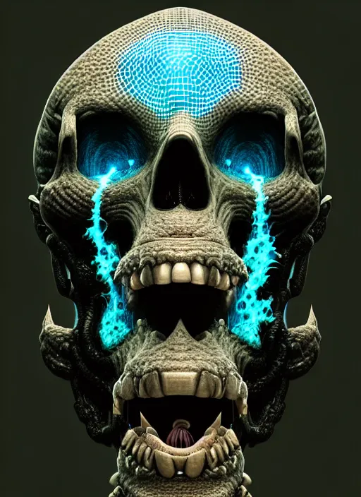 Image similar to 3 d ape shaman profile portrait, sigma 5 0 0 mm f / 5. beautiful intricate highly detailed quetzalcoatl skull and feathers. bioluminescent, plasma, lava, ice, water, wind, creature, thunderstorm! artwork by tooth wu and wlop and beeple and greg rutkowski, 8 k trending on artstation,