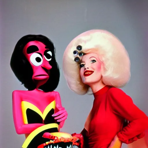 Image similar to 1976 film still glamorous woman photo and her friend, an anthropomorphic stomach, live action children's tv show, 16mm film live technicolor 1976, wacky colorful, in style of john waters doris wishman