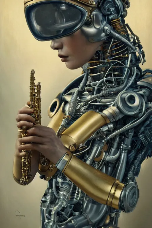 Image similar to a beautiful ultradetailed vintage photo of cyborg playing an oboe, by tom bagshaw and anna dittman, portrait, vignette, 3 5 mm lens, golden ratio composition, detailed face, studio photography, very detailed, humanoid, industrial robot, artstation, 8 k, highly coherent