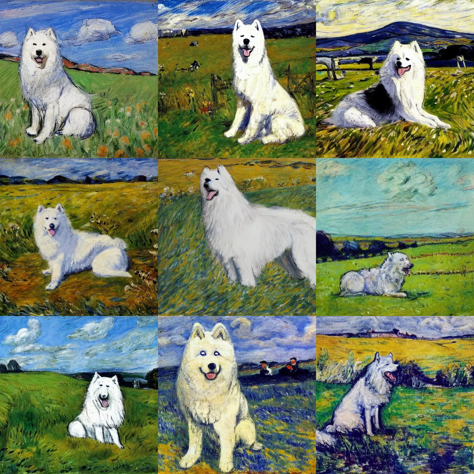 Prompt: a samoyed dog sitting in the middle of sunny meadow, by jack butler yeats