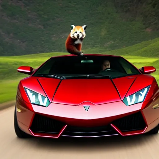 Prompt: awesome photograph of a red panda driving a lamborghini, 4k