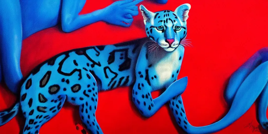 Image similar to only with blue, ney motogrosso in love with a red ocelot, too many hands in all directions, in hoc signo vinces, waterfall, in the style of leonora carrington, gottfried helnwein, intricate composition, blue light by caravaggio, insanely quality, highly detailed, masterpiece, red light, artstation