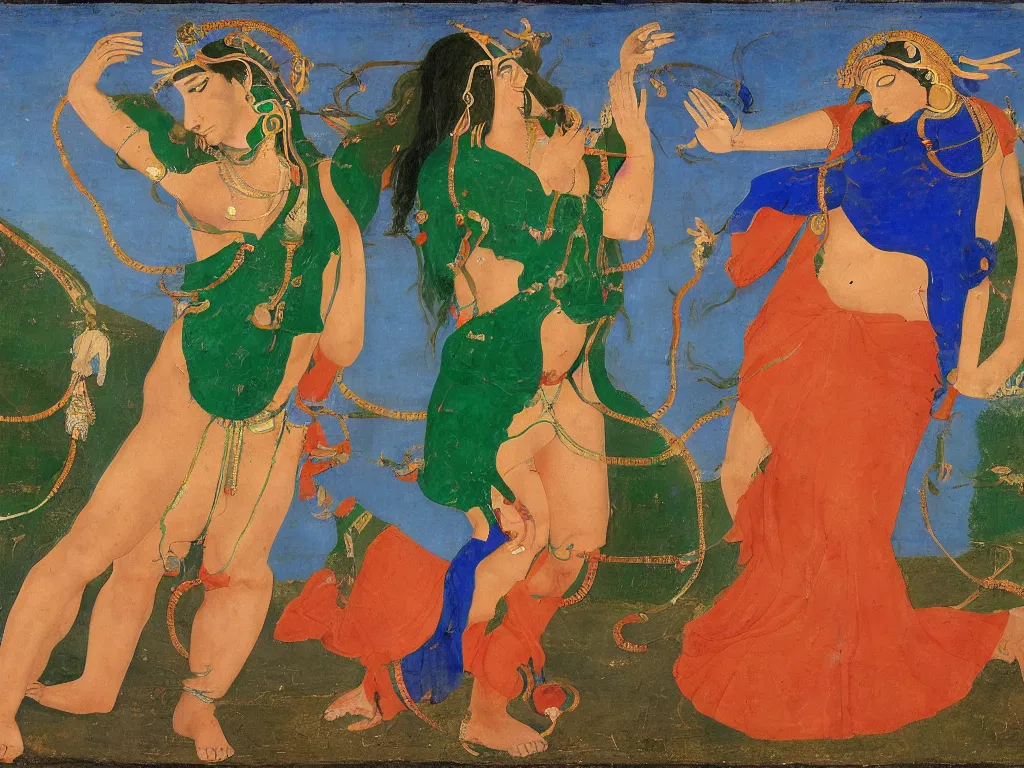 Image similar to portrait of a dancing shiva with bull. lapis lazuli, malachite, cinnabar, gold. minoan painting by piero della francesca, balthus, agnes pelton