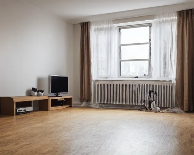 Image similar to Award winning photo of a living room with a TV of a flat abandoned a week ago, 4k, high quality