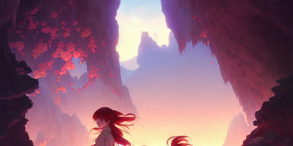 Image similar to the girl and the cave. anime, fantasy, smooth. torches, dark, digital painting, by hayao miyazaki and rossdraws and artgerm and chie yoshii and detmold and greg rutkowski and alphonse mucha. artstation. beautiful, high quality, stunning, intricate detailed environment. 8 k