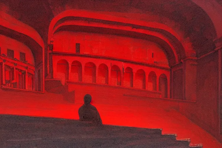 Image similar to only with red, a red melted emperor, taormina amphitheatre, crowd hails him happy, in the style of beksinski, parts by edward hopper, parts by rodcenko, parts by yue minjun, intricate and epic composition, red by caravaggio, insanely quality, highly detailed, masterpiece, red light, artstation, 4 k