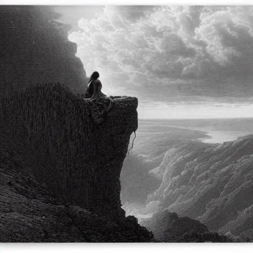 Prompt: A lonely woman looks down from a gigantic cliff, mountains, gorgeous view, lush valley, distant forest, spirals, distant city, distant glow, night, sunset, dramatic light, Chiaroscuro, long shadows, dark, masterpiece, high detail, detailed, illustration by Paul Gustave Doré