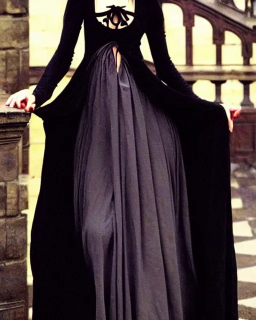 Image similar to style of edmund leighton : : gorgeous willa holland : : evil witch, swirling black magic, black dress : : symmetrical face, symmetrical eyes : : full body pose : : gorgeous black hair : : magic lighting, low spacial lighting : :