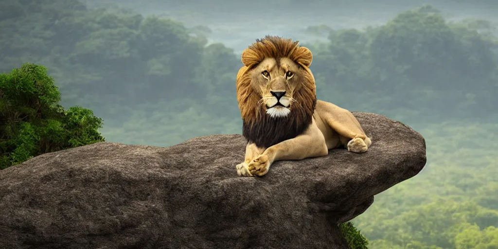 Image similar to hyperrealistic photo of a lion roaring on top of a rock over looking the jungle, 8 k