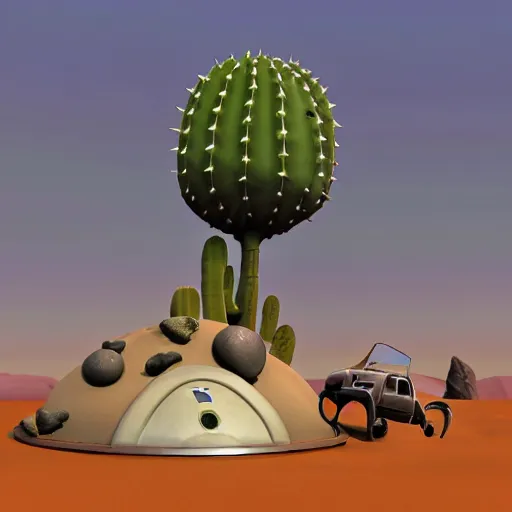 Prompt: crashed burning UFO broken flying saucer in pieces strewn across a rocky desert, with a sad Roswell grey alien trying to repair his destroyed spacecraft in the desert, crashed smoking UFO, crashed bent and broken Flying Saucer, cactus and rocks in the background, dusk, featured on zbrush central, hurufiyya, zbrush, polycount, airbrush art