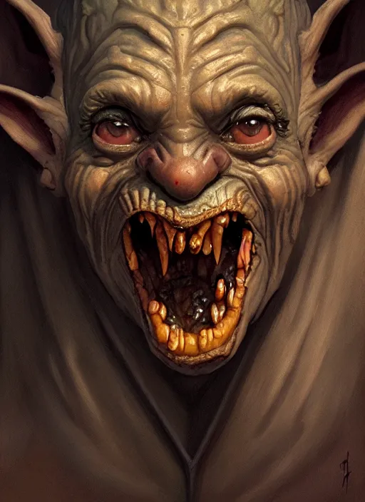 Image similar to profile face portrait of a medieval goblin eating cakes in the cloisters, beautiful face, hyper realistic, highly detailed, digital painting, artstation, illustration, concept art by hyung tae and frank frazetta, digital paint, matte paint, washed colors, dark, gloomy