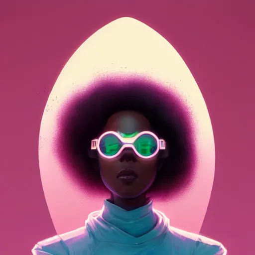 Image similar to beautiful woman wearing opaque reflective goggles profile picture by greg rutkowski, brown skin, long afro hair, asymmetrical, futuristic, pastel neon colors, streetwear, studio ghibli, organic painting, matte painting, geometric shapes, hard edges, street art, trending on the artstation, fantasy lut, realistic by sachin teng,