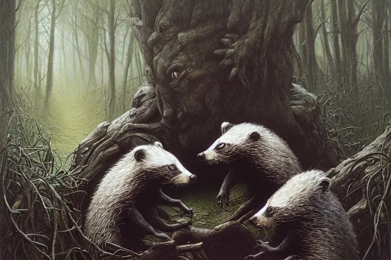 Image similar to photo, badgers having a fight, woodland location, stefan kostic and david cronenberg, realistic, sharp focus, 8 k high definition, intricate, chiaroscuro, elegant, perfect faces, symmetrical face, extremely detailed, hypnotic eyes, realistic, fantasy art, masterpiece zdzislaw beksinski, artgerm