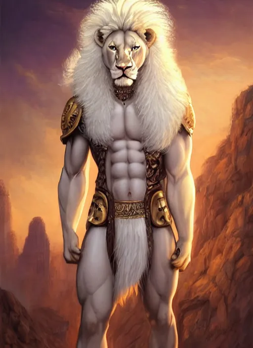 Prompt: aesthetic portrait commission of a of a male fully furry muscular anthro albino lion with a tail and a beautiful attractive hyperdetailed face, wearing ancient roman attractive gladiator outfit in a sci-fi dystopian roman coliseum at golden hour with crowds of people watching in the stadiums behind him. Character design by charlie bowater, ross tran, artgerm, and makoto shinkai, detailed, inked, western comic book art, 2021 award winning film poster painting