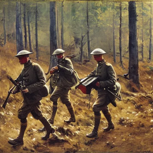 Image similar to ww 1 german soldiers advancing through european forest brush, long grey capes with red accents, 1 9 0 5, oil on canvas, william james aylward, harvey dunn, john singer sargent