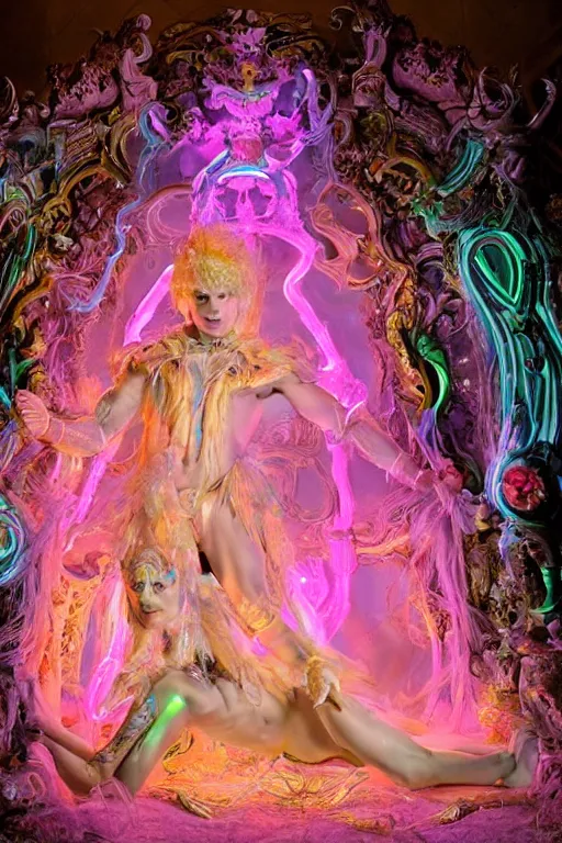 Prompt: photo of full-body rococo and cyberpunk delicate neon crystalline sculpture of ((muscular albino prince Nick Jonas)) as an iridescent humanoid deity wearing a thin see-through ((plastic hooded cloak)) (holding a human skull) in a neon castle dungeon, reclining con (((las piernas abiertas))), glowing pink face, crown of (white lasers), large diamonds, swirling black silk fabric. futuristic elements. oozing glowing liquid, full-length view. space robots. intricate artwork by caravaggio. Trending on artstation, octane render, cinematic lighting from the right, hyper realism, octane render, 8k, depth of field, 3D
