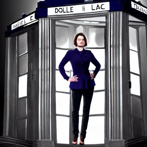 Prompt: a beautiful full body photograph of hayley atwell as the doctor from doctor who posing in front of the tardis, symmetrical face, extreme realism and detail, 8 k, completely framed, direct lighting, 3 5 mm photo, photorealistic, sharp focus